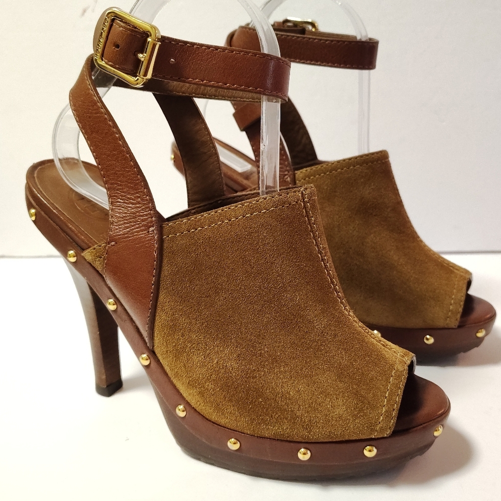 Tory Burch Women's Bilson Suede Ankle Closure Peep Toe Studded Pumps Brown 7.5 - Picture 2 of 10